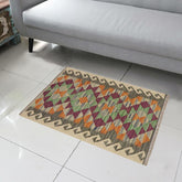 Flat Weave Kilim Antique Navaho Vintage handmade Geometric Kilim Gray Beige Hand-Woven Rectangle 100% Wool Area Rug 2x3